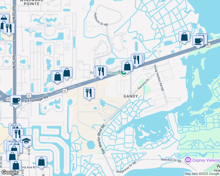 map of restaurants, bars, coffee shops, grocery stores, and more near 10596 Gandy Boulevard North in Saint Petersburg