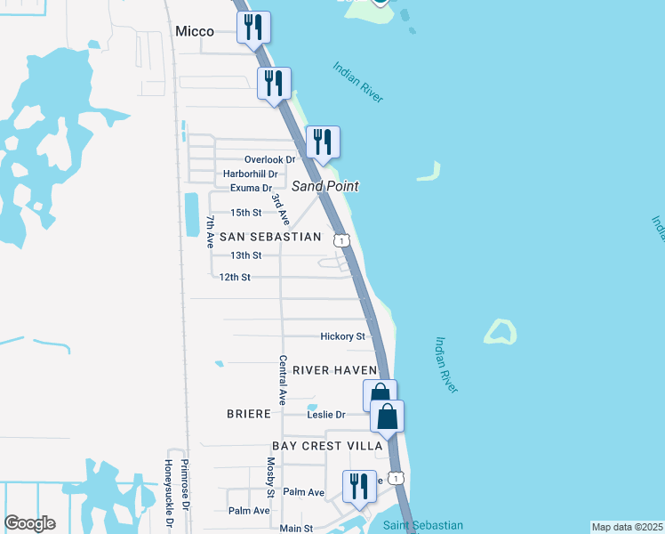map of restaurants, bars, coffee shops, grocery stores, and more near 3995 12th Street in Sebastian
