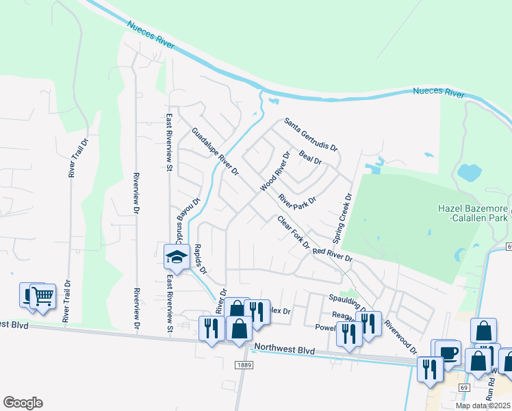 map of restaurants, bars, coffee shops, grocery stores, and more near 4518 Clear Fork Drive in Corpus Christi