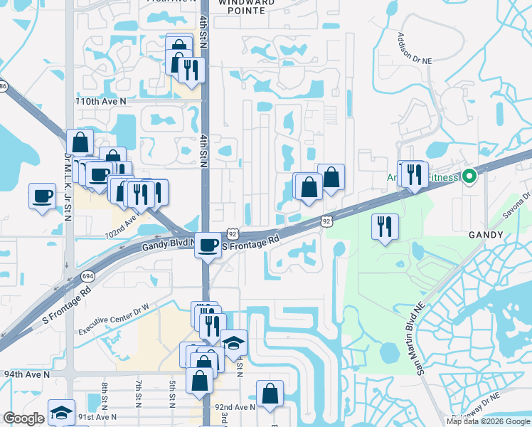map of restaurants, bars, coffee shops, grocery stores, and more near 10246 102nd Terrace North in St. Petersburg