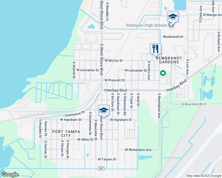 map of restaurants, bars, coffee shops, grocery stores, and more near 6831 South De Soto Street in Tampa