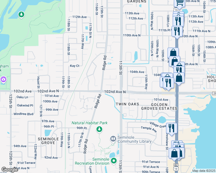 map of restaurants, bars, coffee shops, grocery stores, and more near 11424 102nd Court in Seminole