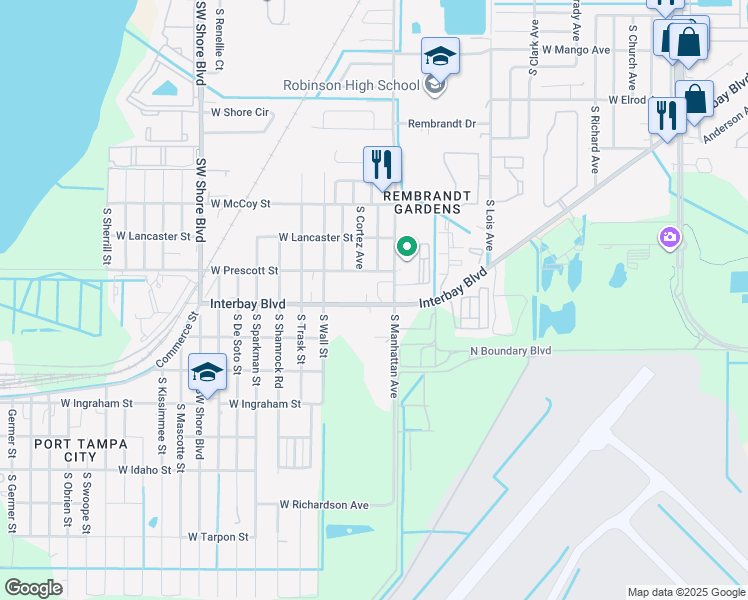 map of restaurants, bars, coffee shops, grocery stores, and more near 8012 Interbay Boulevard in Tampa