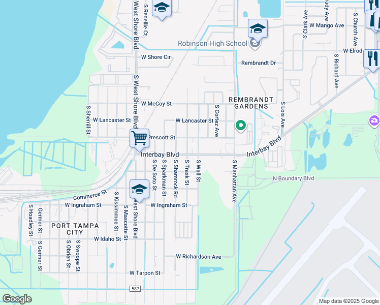 map of restaurants, bars, coffee shops, grocery stores, and more near 6910 South Trask Street in Tampa