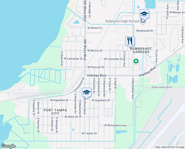 map of restaurants, bars, coffee shops, grocery stores, and more near 6903 South De Soto Street in Tampa