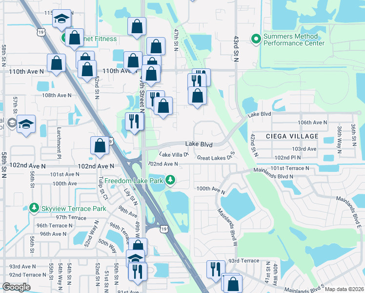 map of restaurants, bars, coffee shops, grocery stores, and more near 4634 Lake Boulevard in Clearwater