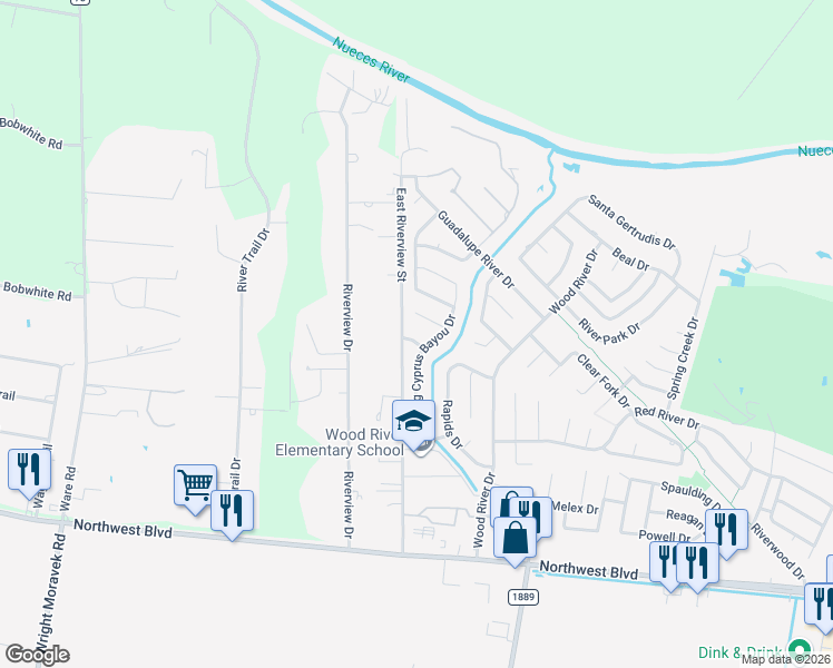 map of restaurants, bars, coffee shops, grocery stores, and more near 15409 Bedrock Drive in Corpus Christi