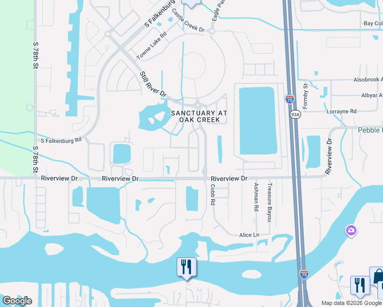 map of restaurants, bars, coffee shops, grocery stores, and more near 8016 Moccasin Trail Drive in Riverview
