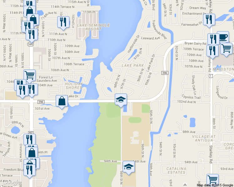 map of restaurants, bars, coffee shops, grocery stores, and more near 10263 98th Street in Largo