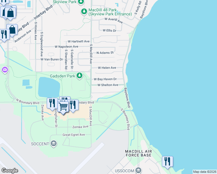 map of restaurants, bars, coffee shops, grocery stores, and more near 2839 Bayshore Trails Drive in Tampa