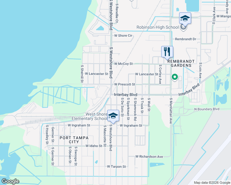 map of restaurants, bars, coffee shops, grocery stores, and more near 6829 South Fitzgerald Street in Tampa