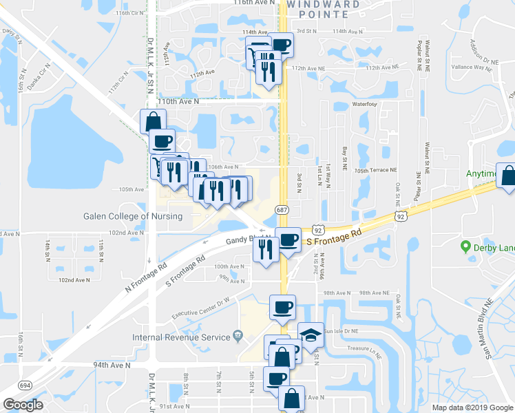 map of restaurants, bars, coffee shops, grocery stores, and more near 10300 4th Street North in Saint Petersburg