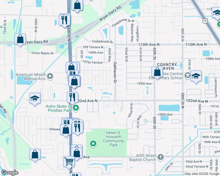 map of restaurants, bars, coffee shops, grocery stores, and more near 66276 Cambridge Road in Pinellas Park