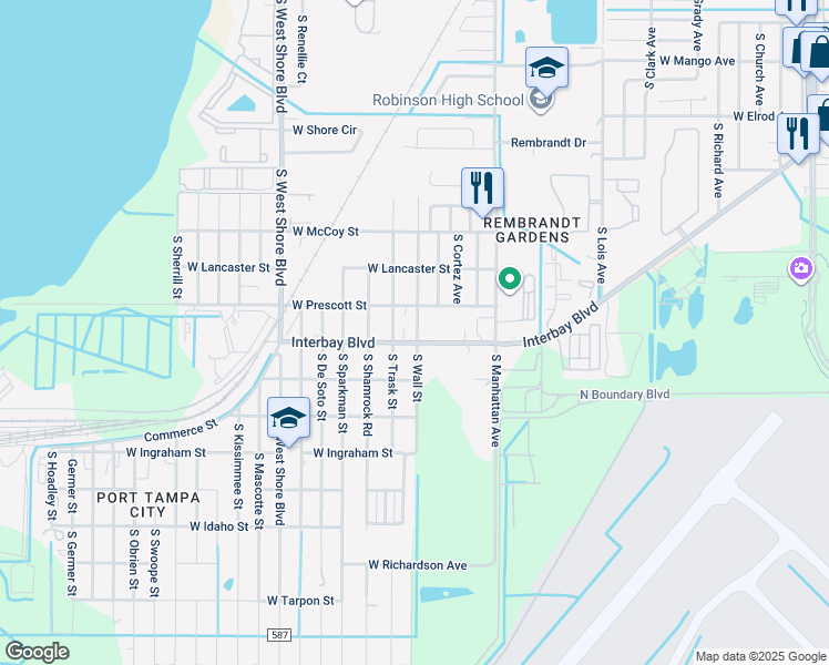 map of restaurants, bars, coffee shops, grocery stores, and more near 6818 South Trask Street in Tampa