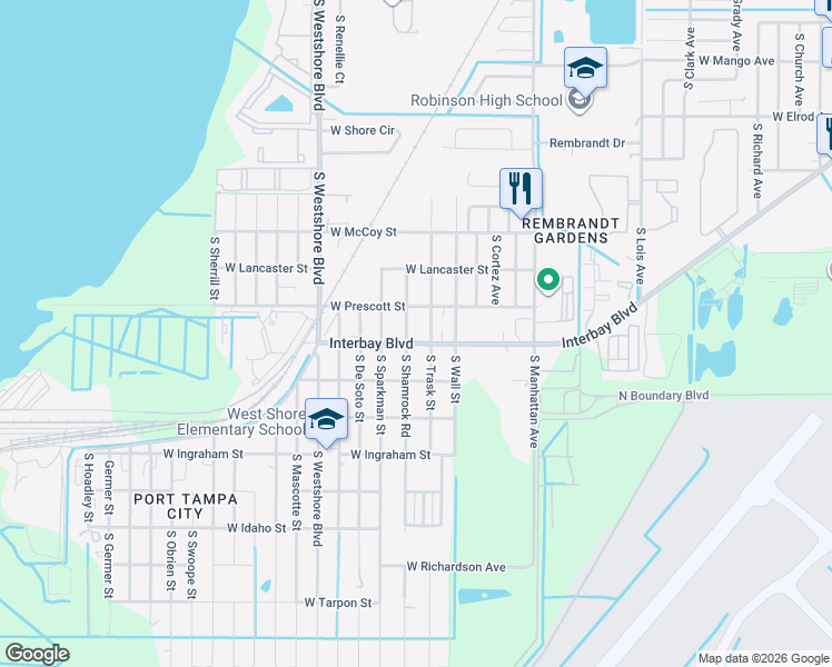 map of restaurants, bars, coffee shops, grocery stores, and more near 6818 South Trask Street in Tampa