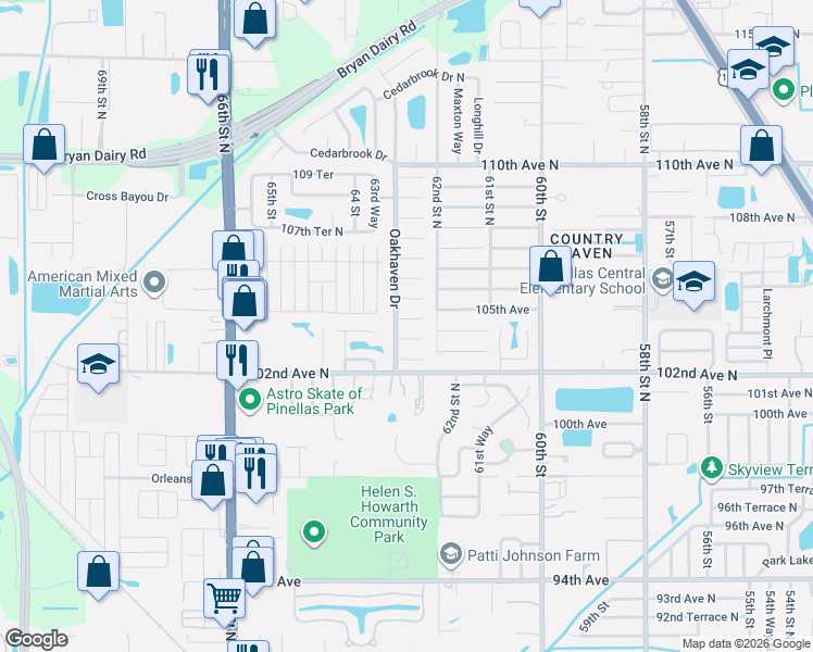 map of restaurants, bars, coffee shops, grocery stores, and more near 6282 105th Avenue in Pinellas Park