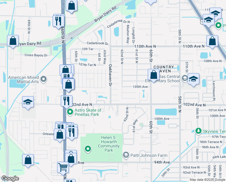 map of restaurants, bars, coffee shops, grocery stores, and more near 6280 104th Avenue North in Pinellas Park
