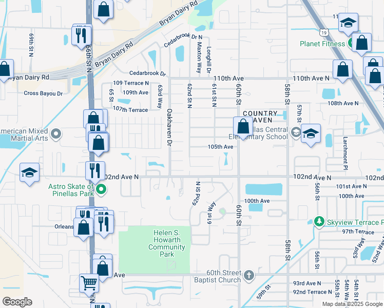 map of restaurants, bars, coffee shops, grocery stores, and more near 6161 105th Avenue in Pinellas Park