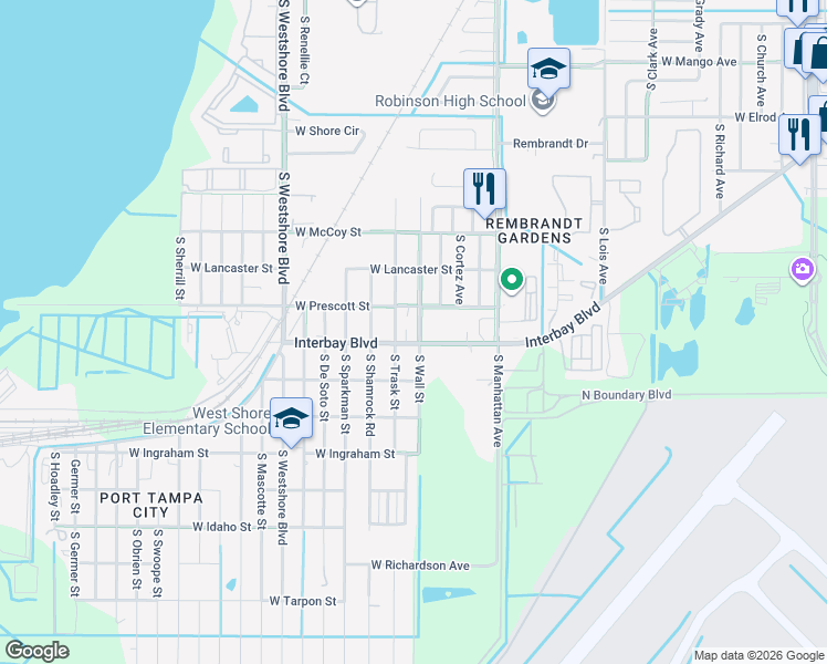 map of restaurants, bars, coffee shops, grocery stores, and more near 8101 Interbay Boulevard in Tampa