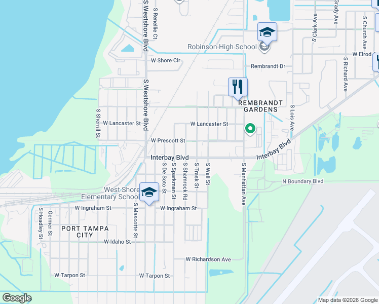map of restaurants, bars, coffee shops, grocery stores, and more near 6822 South Shamrock Road in Tampa