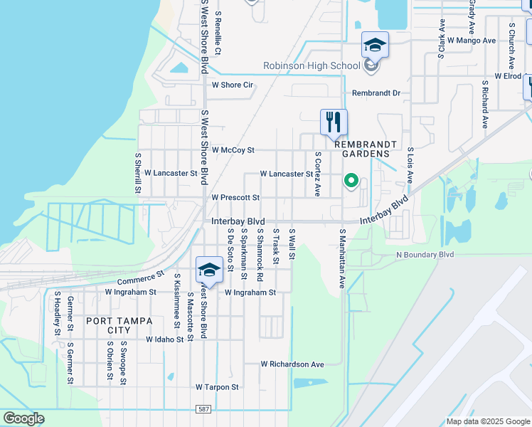 map of restaurants, bars, coffee shops, grocery stores, and more near 6822 South Shamrock Road in Tampa