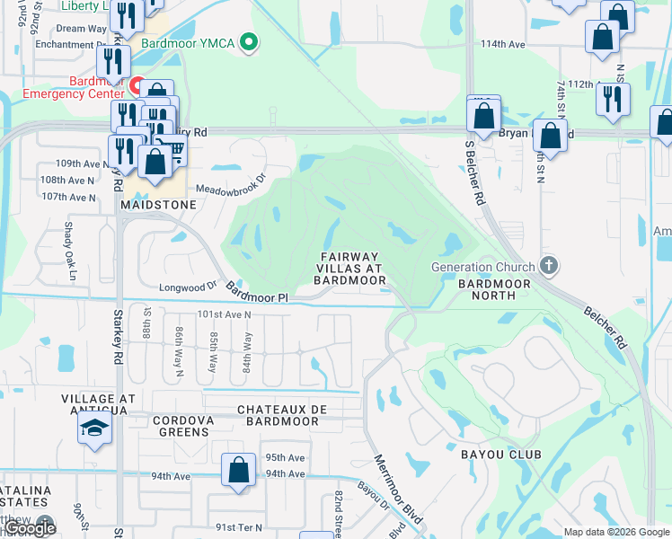 map of restaurants, bars, coffee shops, grocery stores, and more near 8107 Bardmoor Place in Seminole
