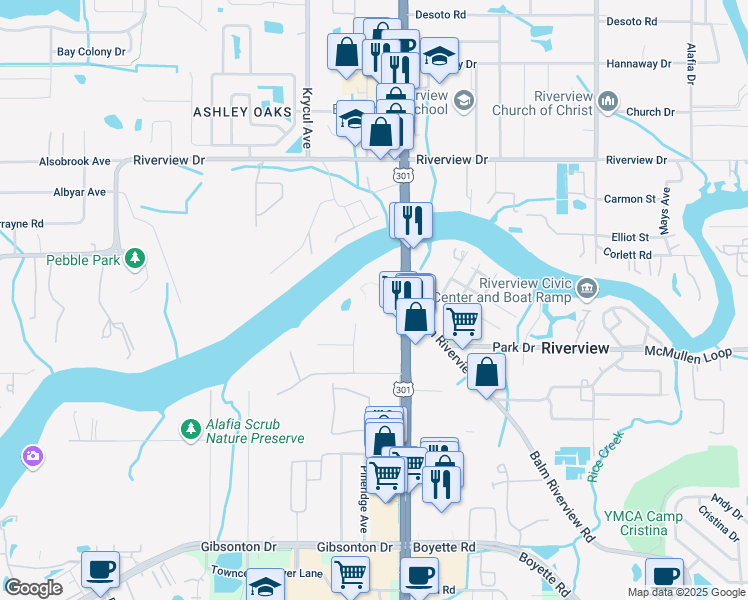 map of restaurants, bars, coffee shops, grocery stores, and more near 8441 U.S. 301 in Riverview