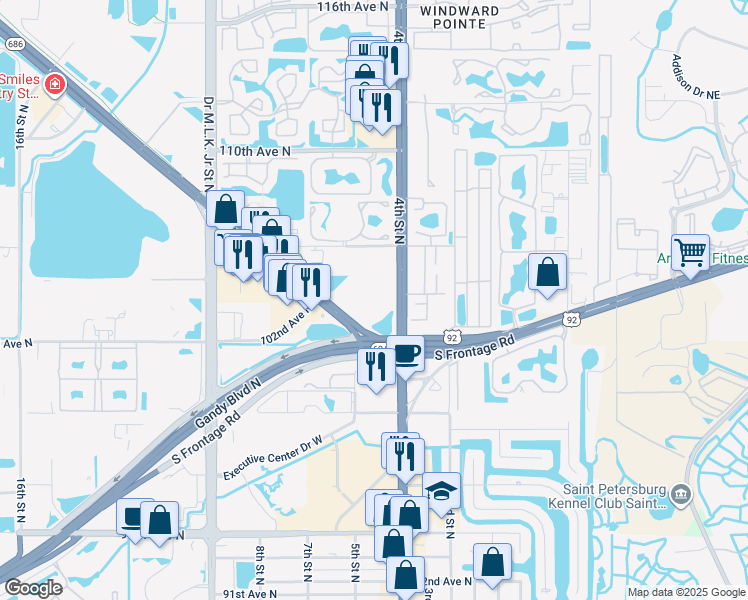 map of restaurants, bars, coffee shops, grocery stores, and more near 10300 4th Street North in Saint Petersburg