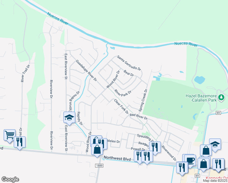 map of restaurants, bars, coffee shops, grocery stores, and more near 4510 River Park Drive in Corpus Christi