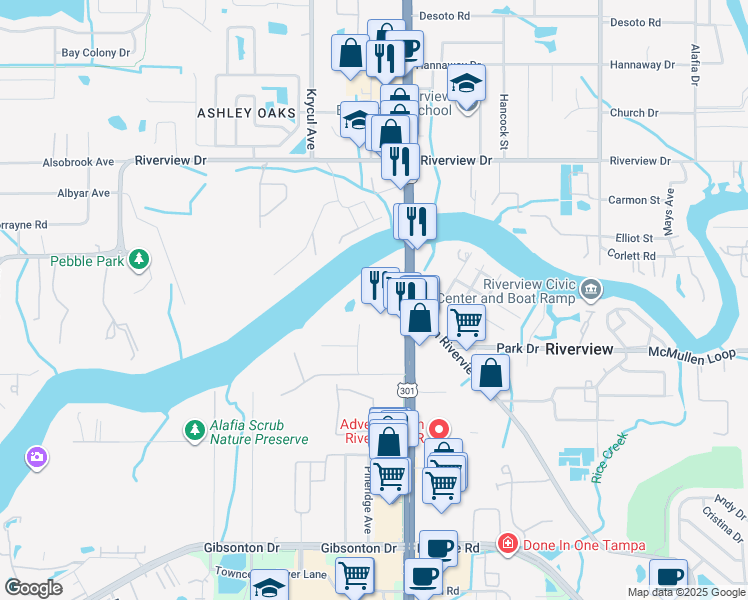map of restaurants, bars, coffee shops, grocery stores, and more near 8451 U.S. 301 in Riverview