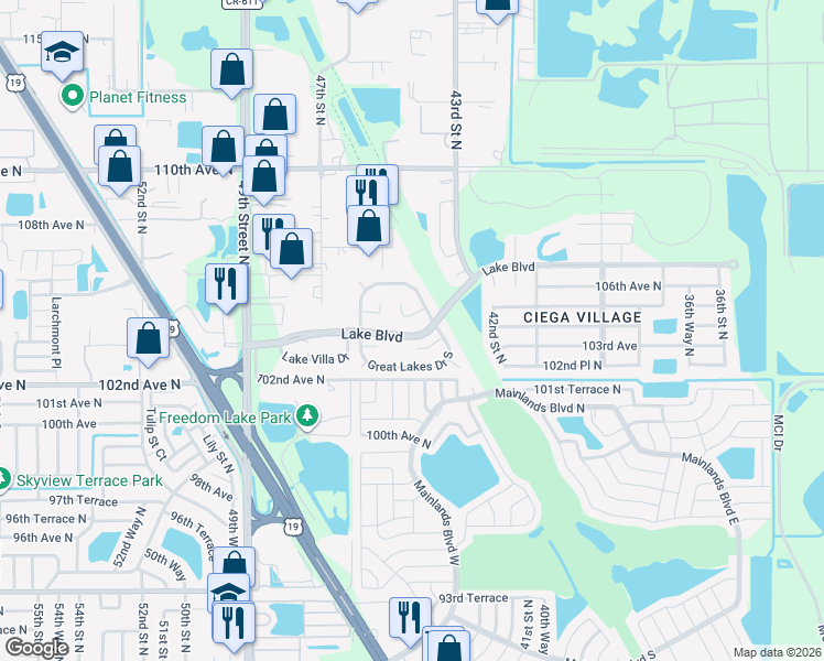 map of restaurants, bars, coffee shops, grocery stores, and more near 4478 Lake Boulevard in Clearwater