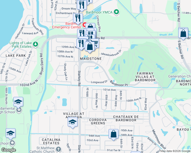 map of restaurants, bars, coffee shops, grocery stores, and more near 8638 Maidstone Court in Seminole