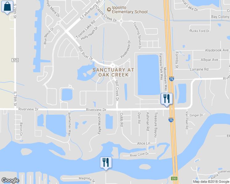 map of restaurants, bars, coffee shops, grocery stores, and more near 8121 Moccasin Trail Drive in Riverview