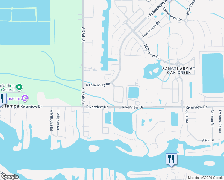 map of restaurants, bars, coffee shops, grocery stores, and more near 8405 Deer Chase Drive in Riverview