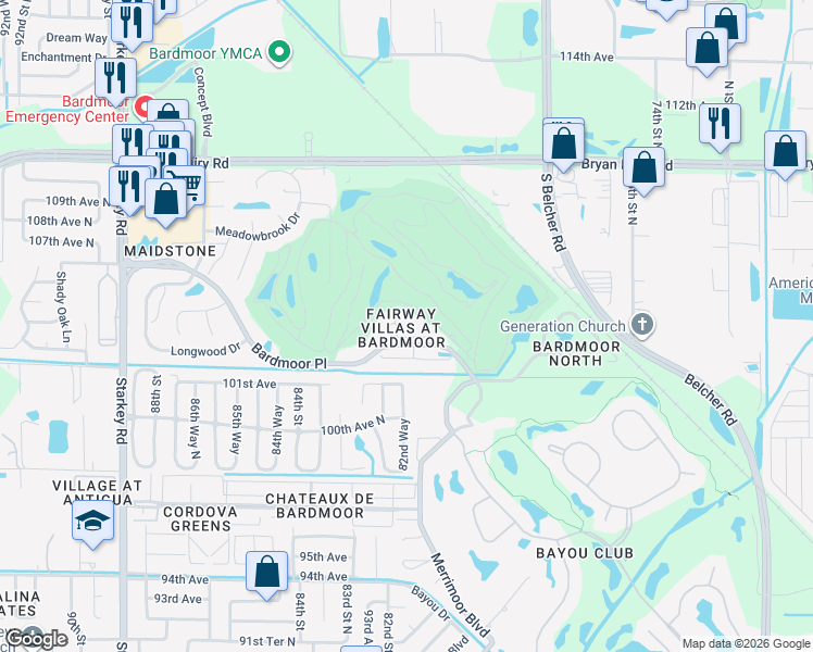 map of restaurants, bars, coffee shops, grocery stores, and more near 8101 Bardmoor Place in Seminole