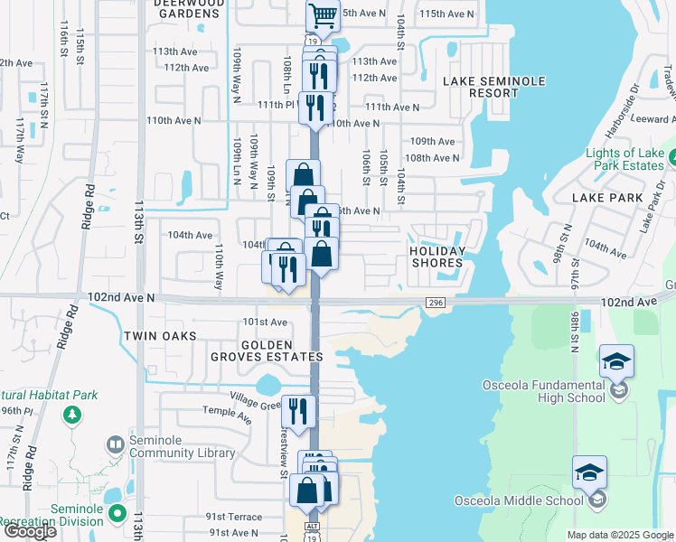 map of restaurants, bars, coffee shops, grocery stores, and more near 10333 Seminole Boulevard in Seminole