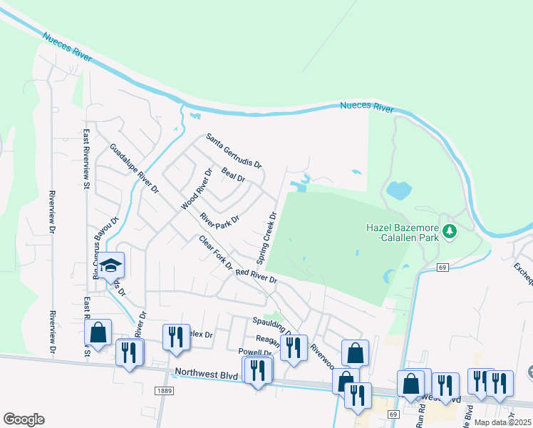 map of restaurants, bars, coffee shops, grocery stores, and more near 4325 Spring Creek Drive in Corpus Christi