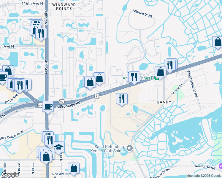 map of restaurants, bars, coffee shops, grocery stores, and more near 10475 Gandy Boulevard North in St. Petersburg