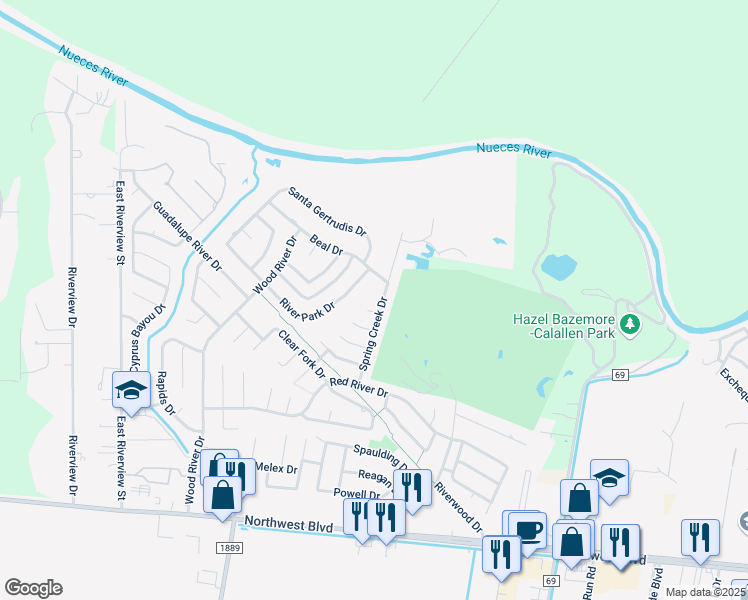map of restaurants, bars, coffee shops, grocery stores, and more near 4325 Spring Creek Drive in Corpus Christi
