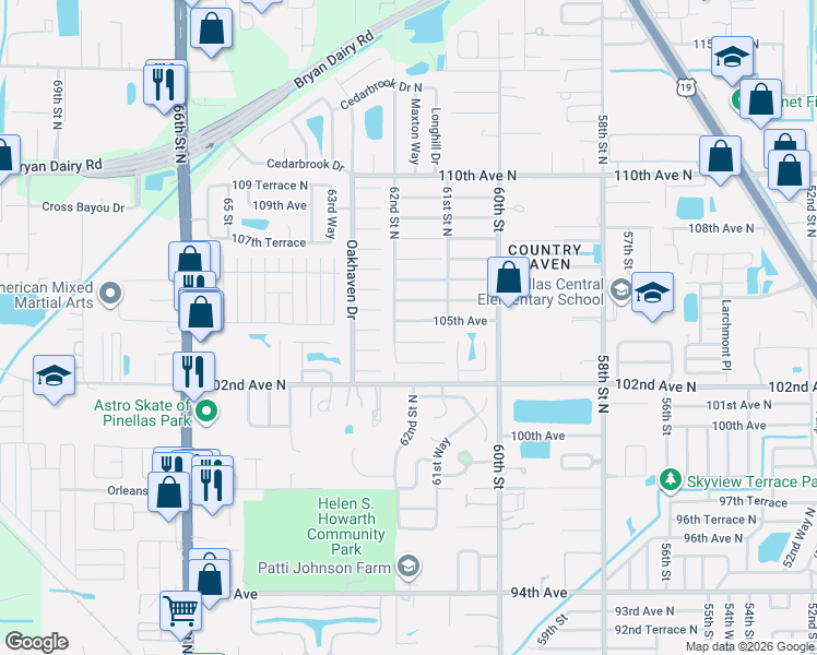 map of restaurants, bars, coffee shops, grocery stores, and more near 6161 105th Avenue in Pinellas Park