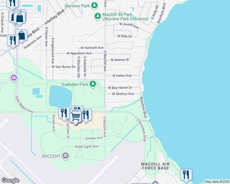map of restaurants, bars, coffee shops, grocery stores, and more near 2830 West Bay Haven Drive in Tampa
