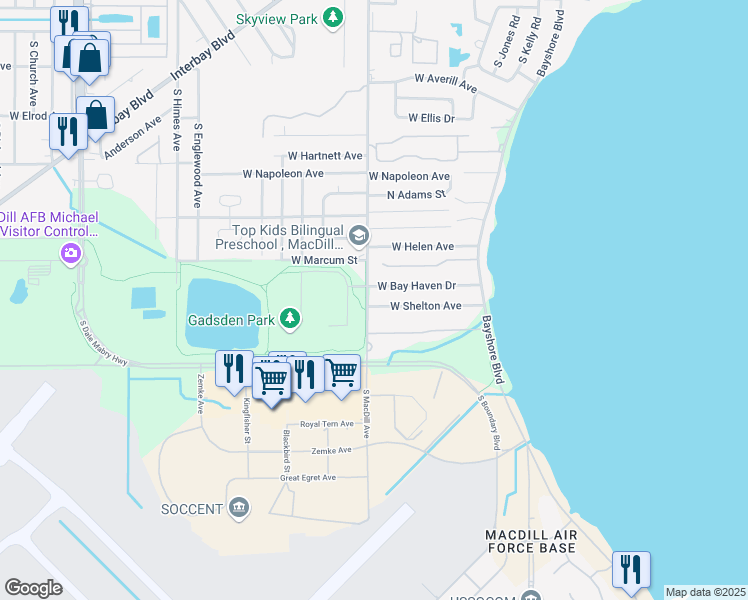 map of restaurants, bars, coffee shops, grocery stores, and more near 3022 West Bay Haven Drive in Tampa