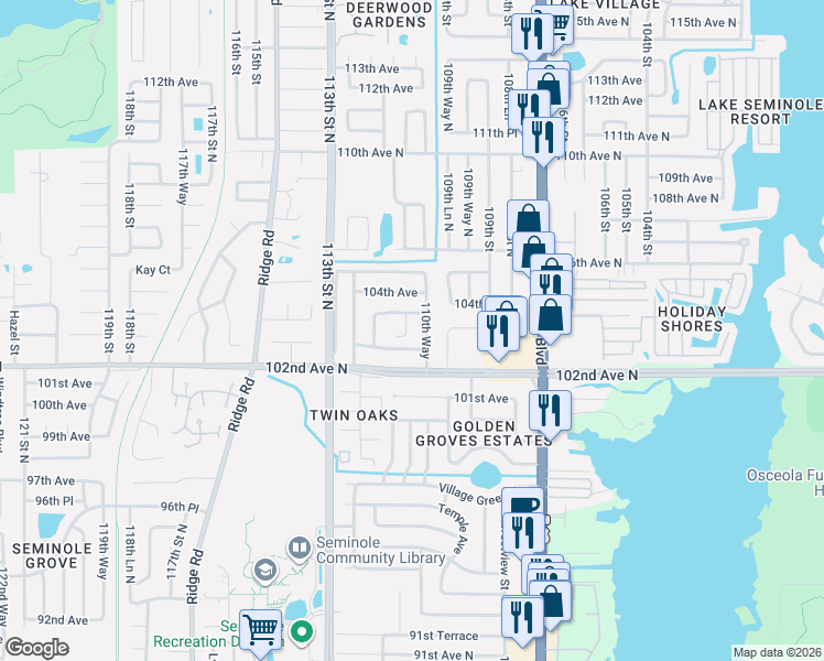 map of restaurants, bars, coffee shops, grocery stores, and more near 10332 111th Street North in Largo