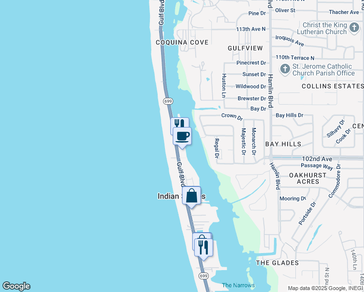 map of restaurants, bars, coffee shops, grocery stores, and more near 20025 Gulf Boulevard in Indian Shores