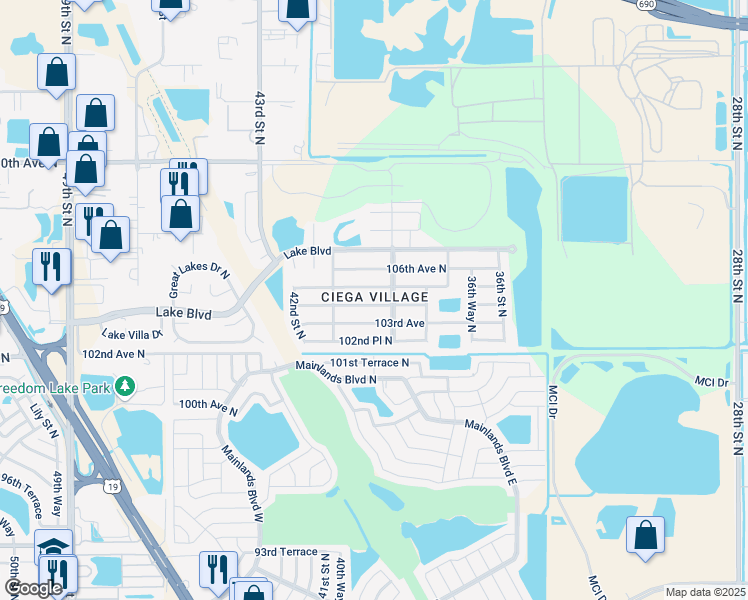 map of restaurants, bars, coffee shops, grocery stores, and more near 3984 105th Avenue North in Clearwater