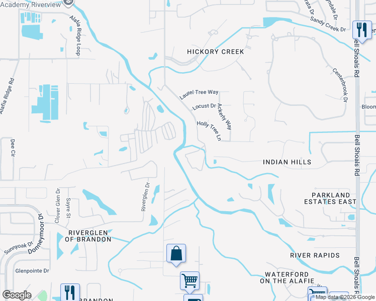 map of restaurants, bars, coffee shops, grocery stores, and more near 4868 Rambling River Road in Brandon