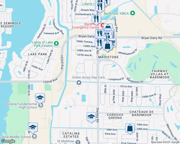 map of restaurants, bars, coffee shops, grocery stores, and more near 10398 Mulberry Way in Largo