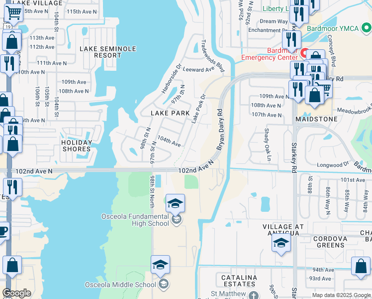 map of restaurants, bars, coffee shops, grocery stores, and more near 10370 95th Street North in Seminole