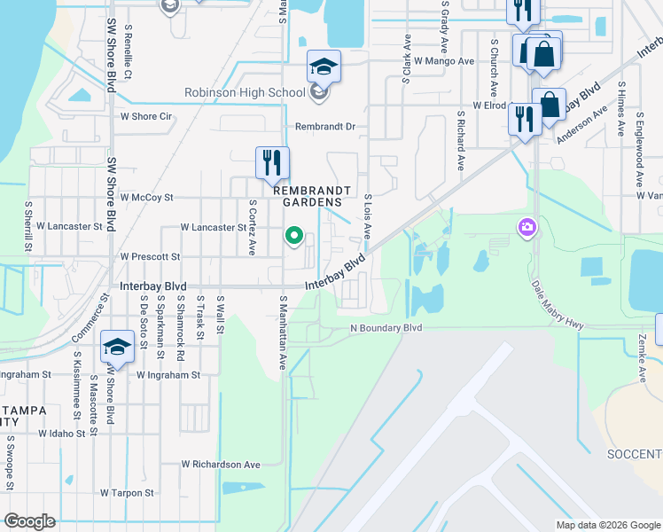 map of restaurants, bars, coffee shops, grocery stores, and more near 7701 Interbay Boulevard in Tampa