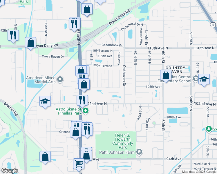 map of restaurants, bars, coffee shops, grocery stores, and more near 66211 Milton Road in Pinellas Park